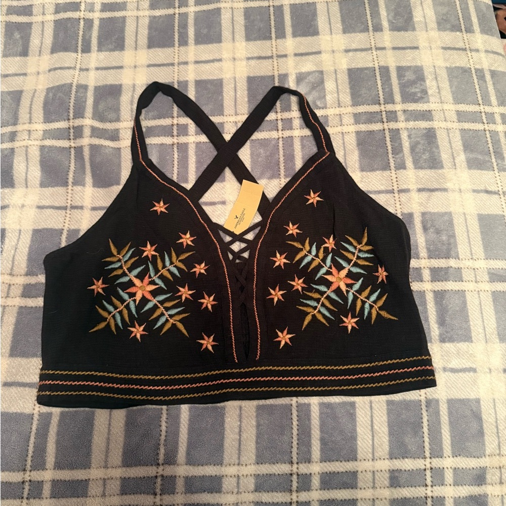 American Eagle Embroidered Black Crop Top with Star Design XL NWT